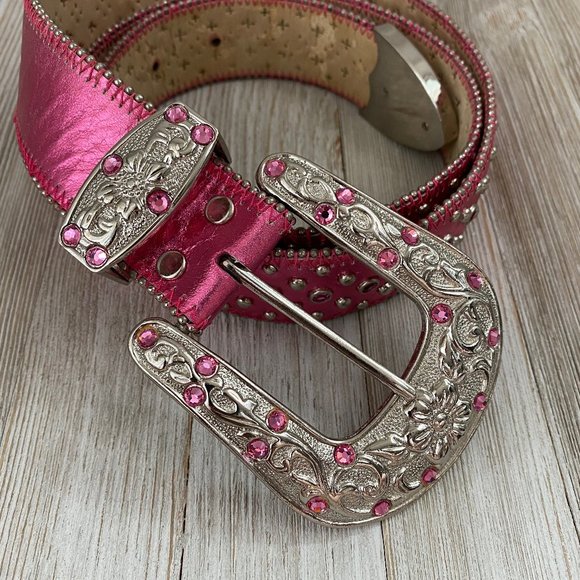 Accessories - Pink Western Rhinestone Leather Bling Belt